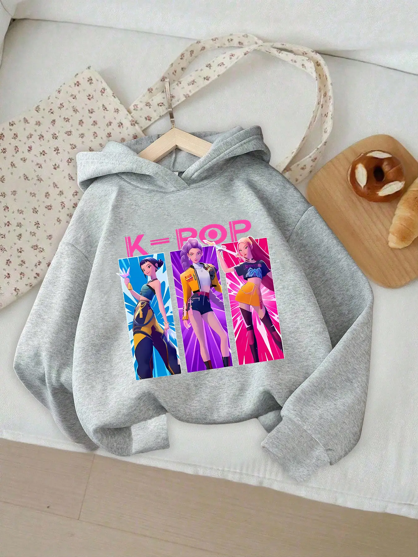 Girls' Kpop Hunter Series Hoodie, Long Sleeve Cartoon Print Pullover, Casual Comfortable Spring & Fall Fashion, Fitted Style