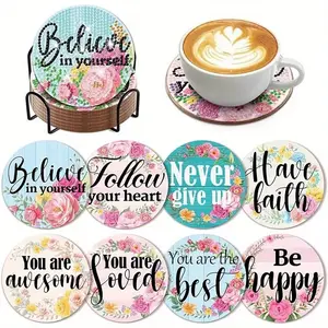 8-Piece Diamond Painted Coaster Set with Letter Patterns, DIY Diamond Art Craft Kit for Beginners, Home Decor Gift, Diamond Painting Kits