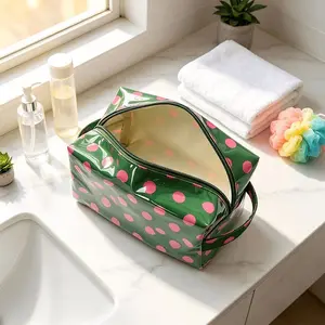 Large Capacity Polka Dot Makeup Bag, Portable Travel Cosmetic Case with Handle, Multi-Functional Toothbrush Holder, Cute Design for Cosmetics and Essentials