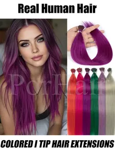 Colored Purple I Tip Human Hair Extensions For Women Straight Microlink Micro Ring Human Hair Extensions Pink Blue Gray Green Micro Bead Human Hair Extensions