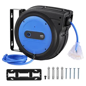 Retractable Extension Cord Reel, 65 FT, Heavy Duty 12AWG/3C SJTOW Retractable Power Cord with Lighted Triple Tap Outlet, 15 Amp Circuit Breaker 180° Swivel Bracket for Ceiling or Wall Mount