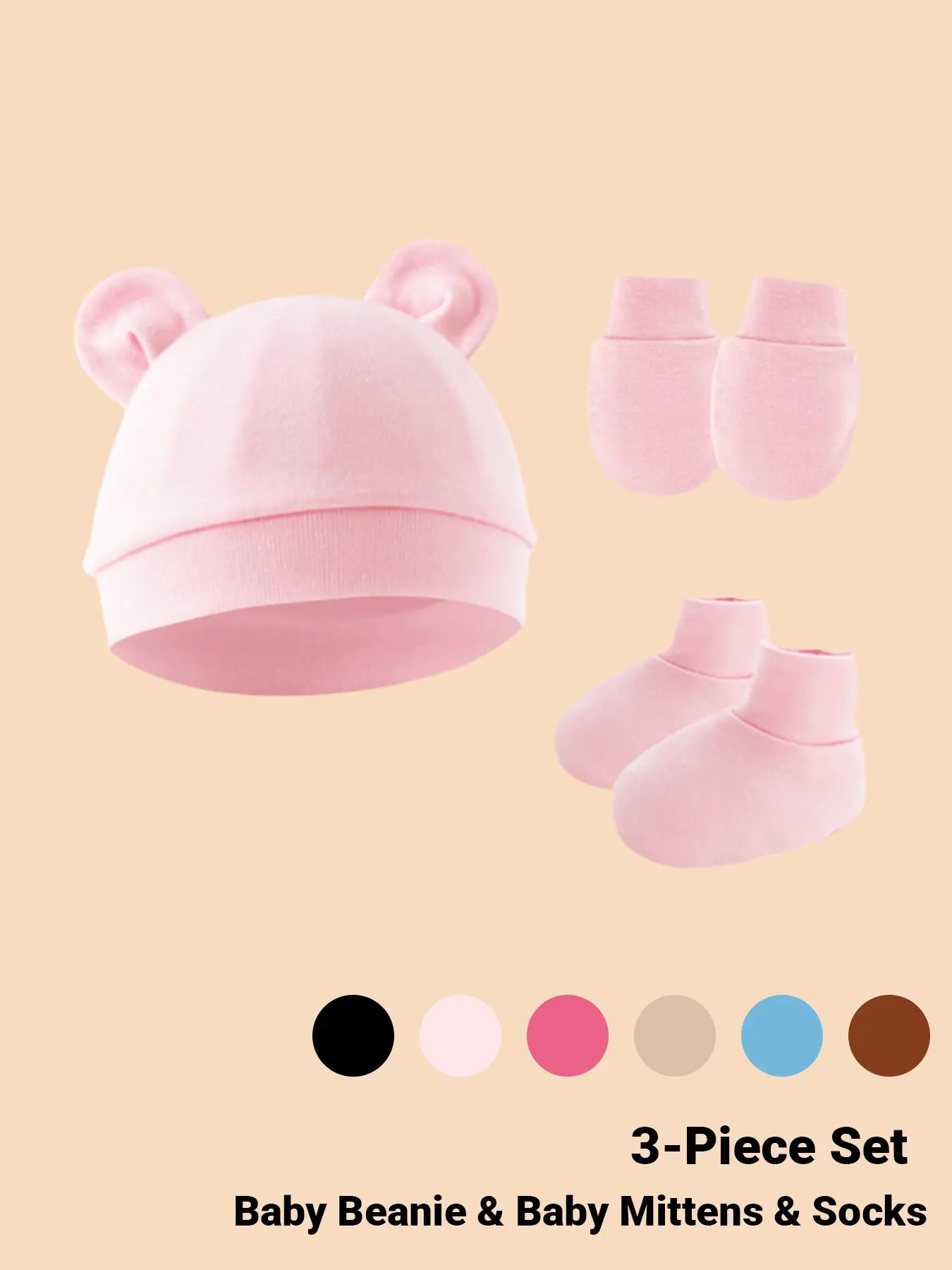 3PCS Newborn Solid Color Double-Ear Hat + Gloves + Foot Cover Set, Cute Simple Warm and Comfortable Forehead Protection Hospital Hat, Multiple Colors Available, Suitable for Baby's Daily Wear and Indoor Rest