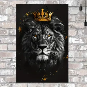 Lion with Golden Crown Canvas Print Poster - Frameless Modern Art for Home and Office Decor, Abstract Animal Wall Art, Majestic Lion Portrait, Durable Material, Versatile Indoor Outdoor Use Bedroom Ornaments Decoration Photo Artistic