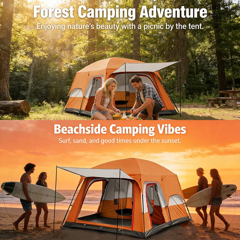 【Family Camping Tent】10-12 Person Extra Large Waterproof Easy Setup Oxford Straight Wall 2 Rooms Mesh Windows 3 Doors for Summer Camping Hiking Glamping Friends & Family Gatherings Camping Essentials National Park Week Labor Day Gift
