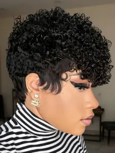 8 Inches Pixie Cut Curly Human Hair, Glueless Wig for Women, Short Layered Pixie Wigs with Bangs, Casual Everyday Use, No Ca Prop 65 Re