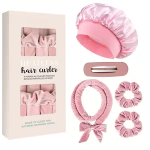 High Elasticity Heatless Curling Set, Heatless Hair Curlers, Satin Sleep Cap and Velvet Rollers, Natural Curls Overnight Hairstyling Kit, Single Pack
