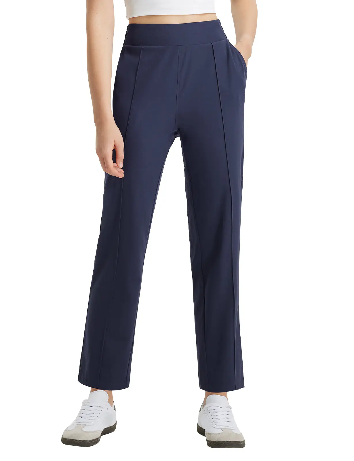Baleaf Women's 26" Slim-Fitting Flat Bottom Basic Pants, Elastic Waist Lightweight Stretch Petite Ankle Pants with Pockets, UPF50+ Business Casual Work Golf Trousers