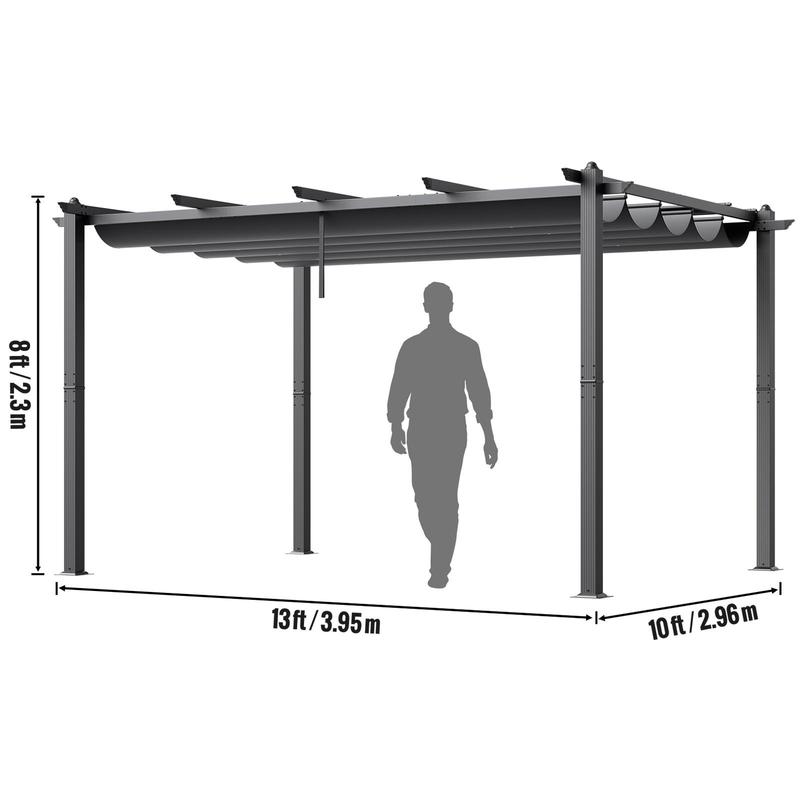 VEVOR 10'x13' Outdoor Retractable Pergola with Canopy, Aluminum Pergola with Retractable Canopy, Modern Pergola with Sun Shade Canopy for Patios, Gardens, Decks, Backyards (Gray)