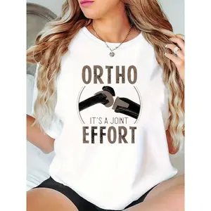 Women's Ortho "It's A Joint Effort" Wrench & Bandage Graphic T-Shirt, Casual Daily Workwear for Orthopedic Staff, Funny Medical Themed Top 100% Cotton T-shirt