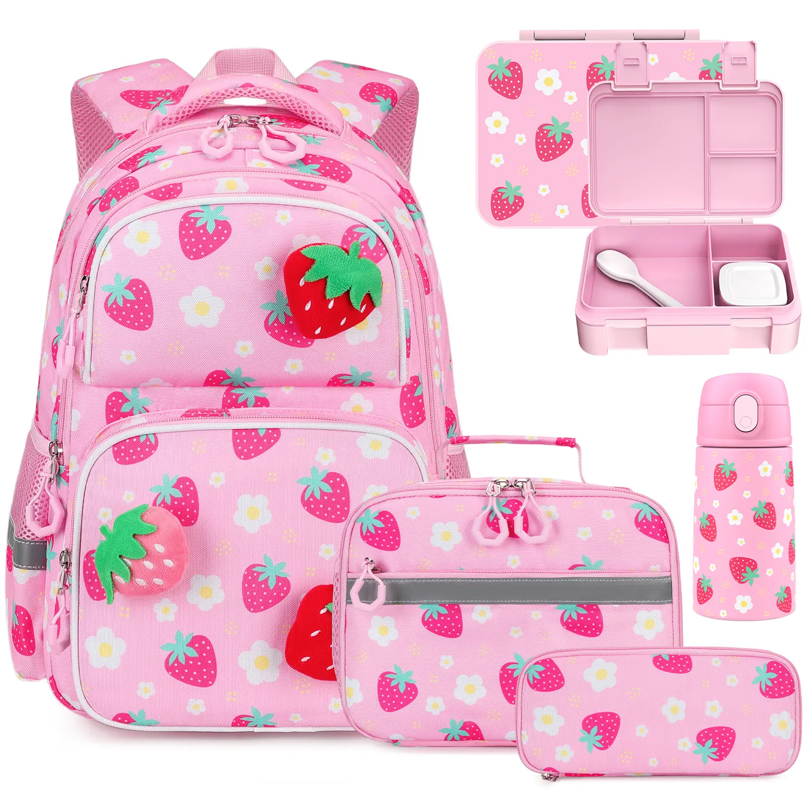 SIMILOVE Kids Backpack for Girls 4-8, Cute 3D Strawberry Toddler Backpack with 34oz Lunch Box, 13oz Water Bottle, Insulated Bag, Pen Case & Utensils, Bookbag for Preschool Kindergarten Elementary