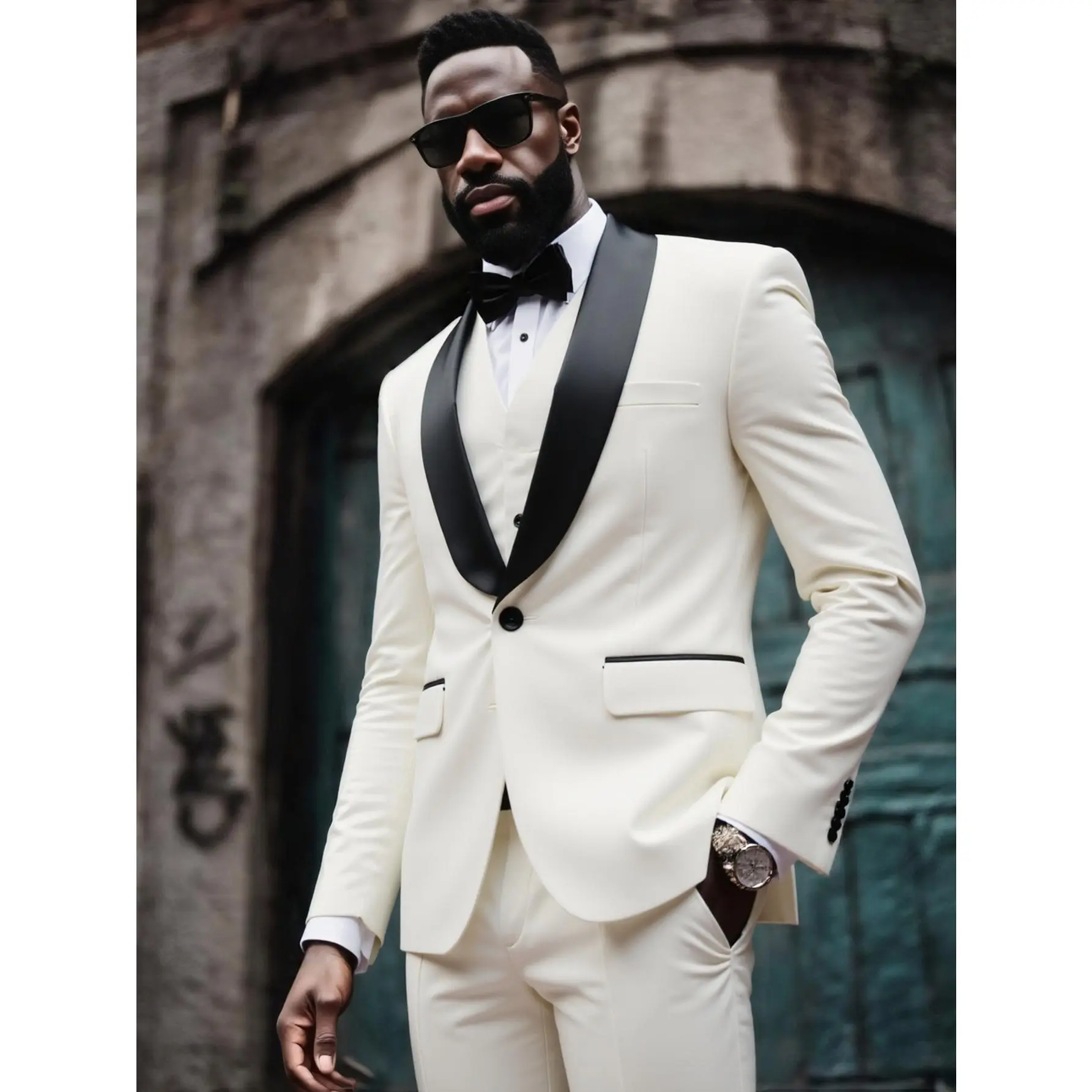 Men's 3 Piece White Suit Set Slim Fit One Button Black Shawl Lapel Jacket Vest Pants for Wedding, Prom, Party