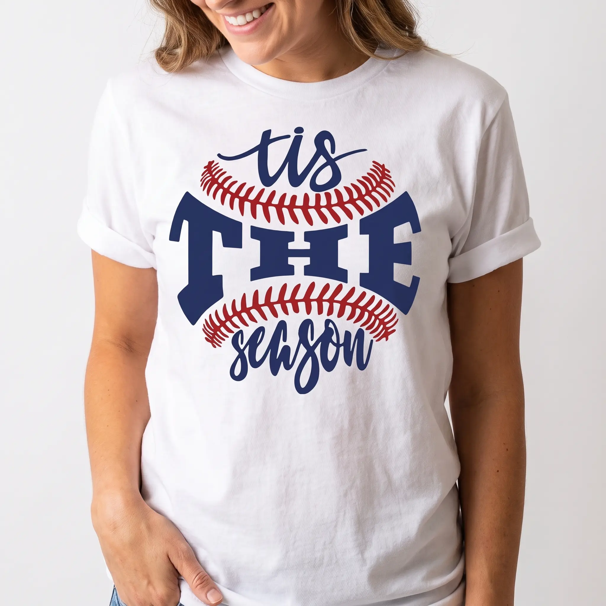 Women's "Tis The Season" Baseball Graphic T-Shirt - Knit, Short Sleeve Round Neck, Casual Sports Fan Clothes, ShortSleeve Baseball Graphic Women's T-Shirts, Breathable, Digital Print, Soft Cotton, Piece, Baseball Style Women's T-Shirts