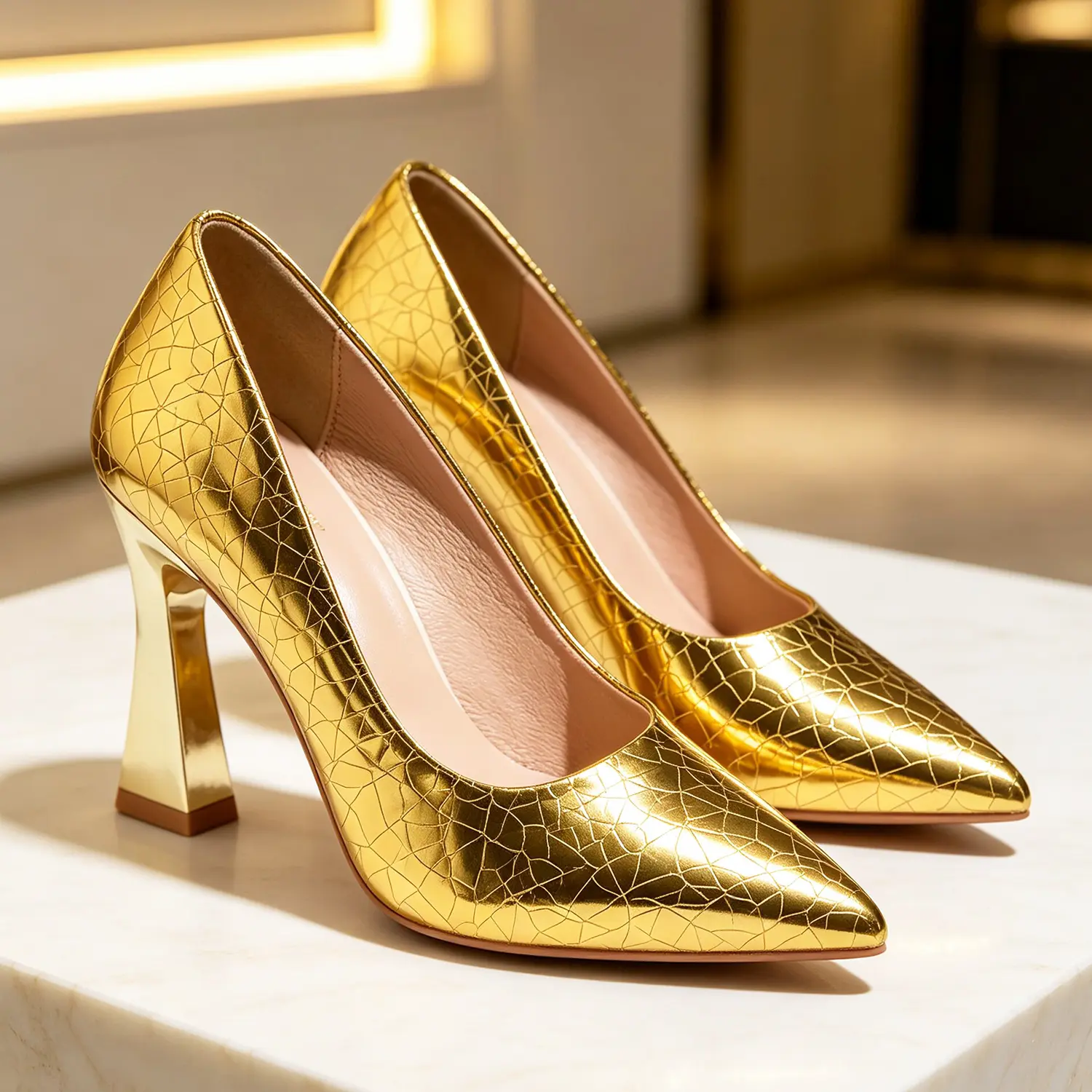 Women Gold Crackle Metallic Pointed Toe Slip-On High Heel Pumps - Stylish Sexy Women Shoes for Party Night Out Evening Party