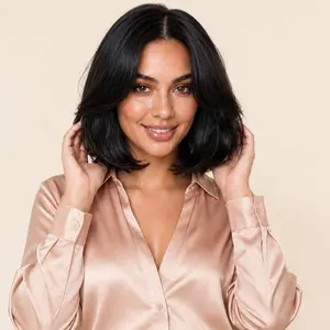 Glueless 100% Human Hair Wigs 7x5 HD Lace Front Pre Plucked 180% Density Black Italian Bob Short Layered Wig Curtain Bangs 12 Inch Ready to Wear