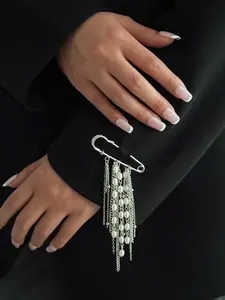 Elegant Pearl Chain Brooch Silver Color Fringe Design, Stylish Suit Jacket Accessory, Versatile Fashion Jewelry for Women, Jewellery