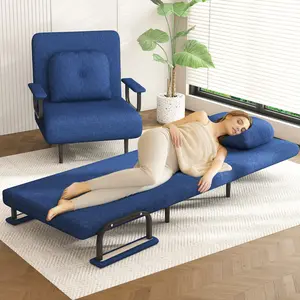 3 in 1 Sleeper Chair Bed, Convertible Folding Sofa Bed with 5-Position Adjustable Backrest and Pillow, Leisure Recliner Lounge Couch for Small Spaces, Office (Blue)