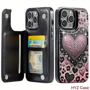 Fashion Pink Leopard Heart Pattern Leather Card Holder Phone Case, Suitable for iPhone 17 Air/16 Plus/15 Pro Max/14 Pro/13/12/11/XS Max/X Phone Case, Best Gift Choice for Family, Friends, Lovers, Boyfriend and Girlfriend on Thanksgiving and Christmas
