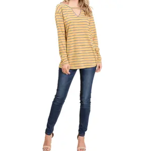 Long Sleeve Keyhole Stripe Knot Hip Top Blouse