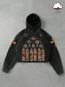 Men's Church Cross Faith Print Hoodie, Short Fitted Casual Fashion, Unique Autumn Winter Clothing, Comfortable and Stylish