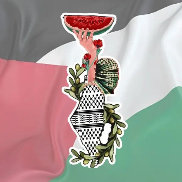 Palestine Map Watermelon Olive Sticker, Symbolic Keffiyeh Pattern Vinyl Decal, Cultural Resistance Solidarity Art, Aesthetic Waterproof Sticker for Laptop, Skateboard, Journal, Phone Case