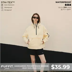 【Restocked】PUFFIT STM-TEX Waterproof Oversized Fall Hoodie Coat Warm Half Zip Rain Jacket With Adjustable Waist,Hood & Cuffs,Large Kangaroo Pocket,Shell Jacket,Ski Jacket,Spring Jacket,Windbreaker,Dog Walking,School Running,Football Mum,Stylish