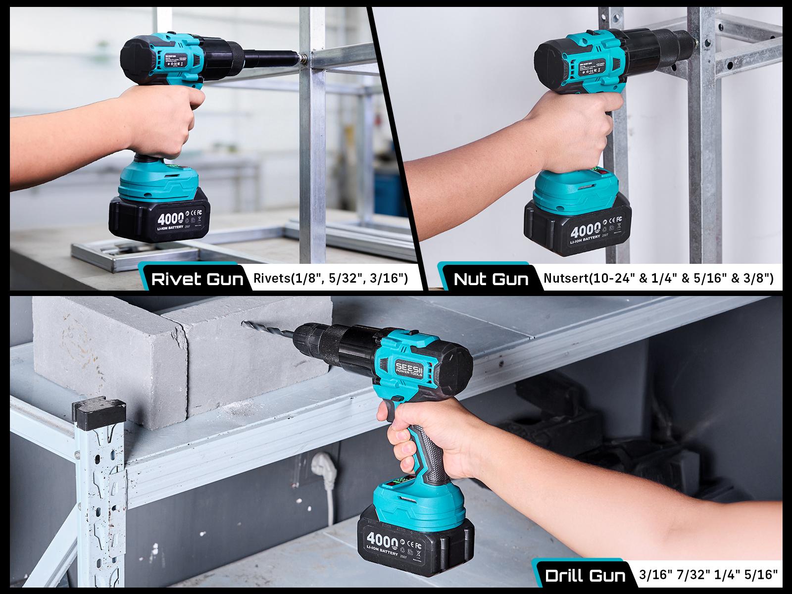 2-in-1 Cordless Electric Rivet/Nut Gun Tool for Nutsert(10-24" & 1/4" & 5/16" & 3/8"),Rivets(1/8'', 5/32'', 3/16"), Portable Battery Powered Pop Rivet/Nut Gun, Auto/Manual Rivet, Two Memory Modes