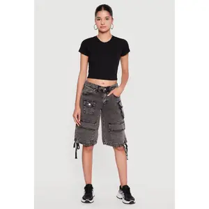 Drawstring Hem Acid Wash Cargo Bermuda Shorts