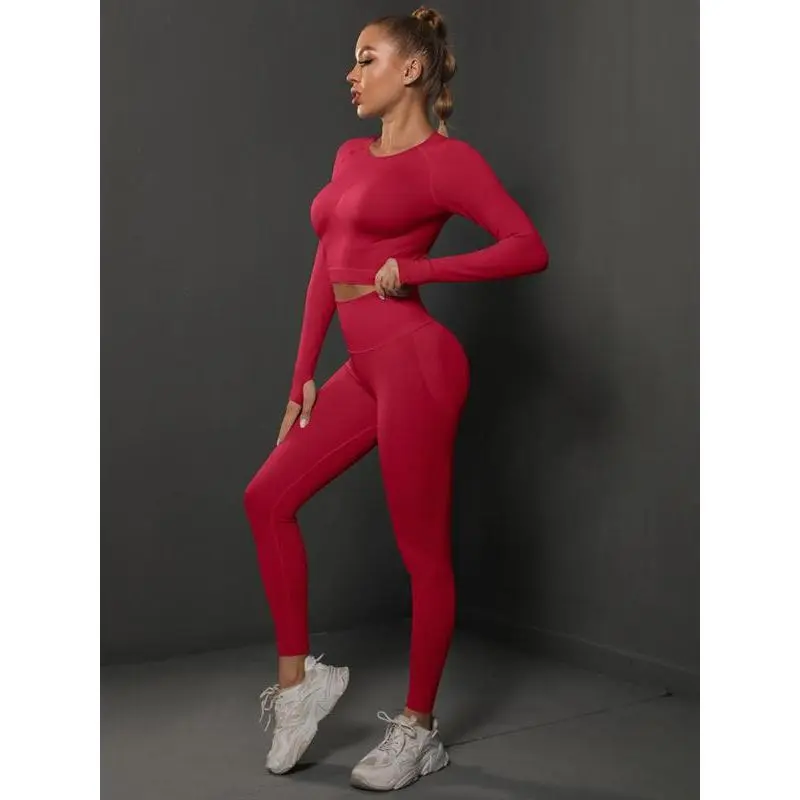 Women's Solid Long Sleeve Crop Top & High Waist Leggings Tracksuit Set, Casual Comfy Breathable Outfits for Yoga Gym Workout Running, Ladies Sportswear for All Seasons Women's Solid Long Sleeve Crop Top & High Waist Leggings Tracksuit Set, Casual Comfy Breathable Outfits for Yoga Gym Workout Running, Ladies Sportswear for All Seasons
