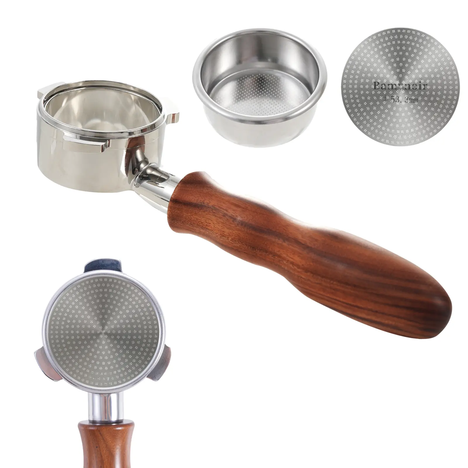 Bamynoir Bottomless Portafilter 54mm with Espresso Puck Screen, Bottomless Portafilter for Breville All 54mm Espresso Machine Barista Express Bambino Stainless etc.Steel Solid Wood