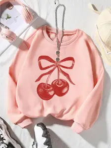 Girl's Cherry Print Drop Shoulder Sweatshirt, Casual Long Sleeve Round Neck Pullover for Fall & Winter, Kids Clothes for Daily Wear, Cute Sweatshirt