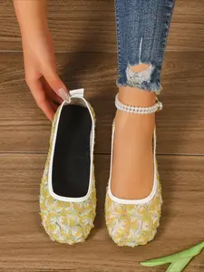 Gentle Style Mesh 3D Floral Square Toe Flat Shoes - Summer Breathable Slip-On Ballet Flats