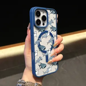 Summer blue whale shark Pattern Magnetic Phone Case for iPhone 16 15 14 Pro Max 13 12 11 XR XS Plus Anti-Yellowing Shockproof Lightweight Transparent Acrylic Soft Cover Supports Wireless Charging Silicone Protection
