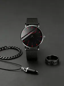 4-piece men's sports style dial pattern circular quartz Bracelet watch set, including necklace, ring, metal strap, and party gift