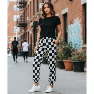 Women's Plus Size Black and White Checkered Jogger Pants - Trendy Elastic Waist Casual Lounge Pants with Pockets Perfect for Vacation Outfits, Daily Wear, Comfortable Stretchy Fabric for Effortless Style and Fashion
