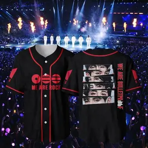 Kpop Inspired Black Baseball Jersey Shirt, Korean Pop Fan Art Tee, Unisex Button Up Streetwear,Bangtan Concert Outfit, Music Lover Gift