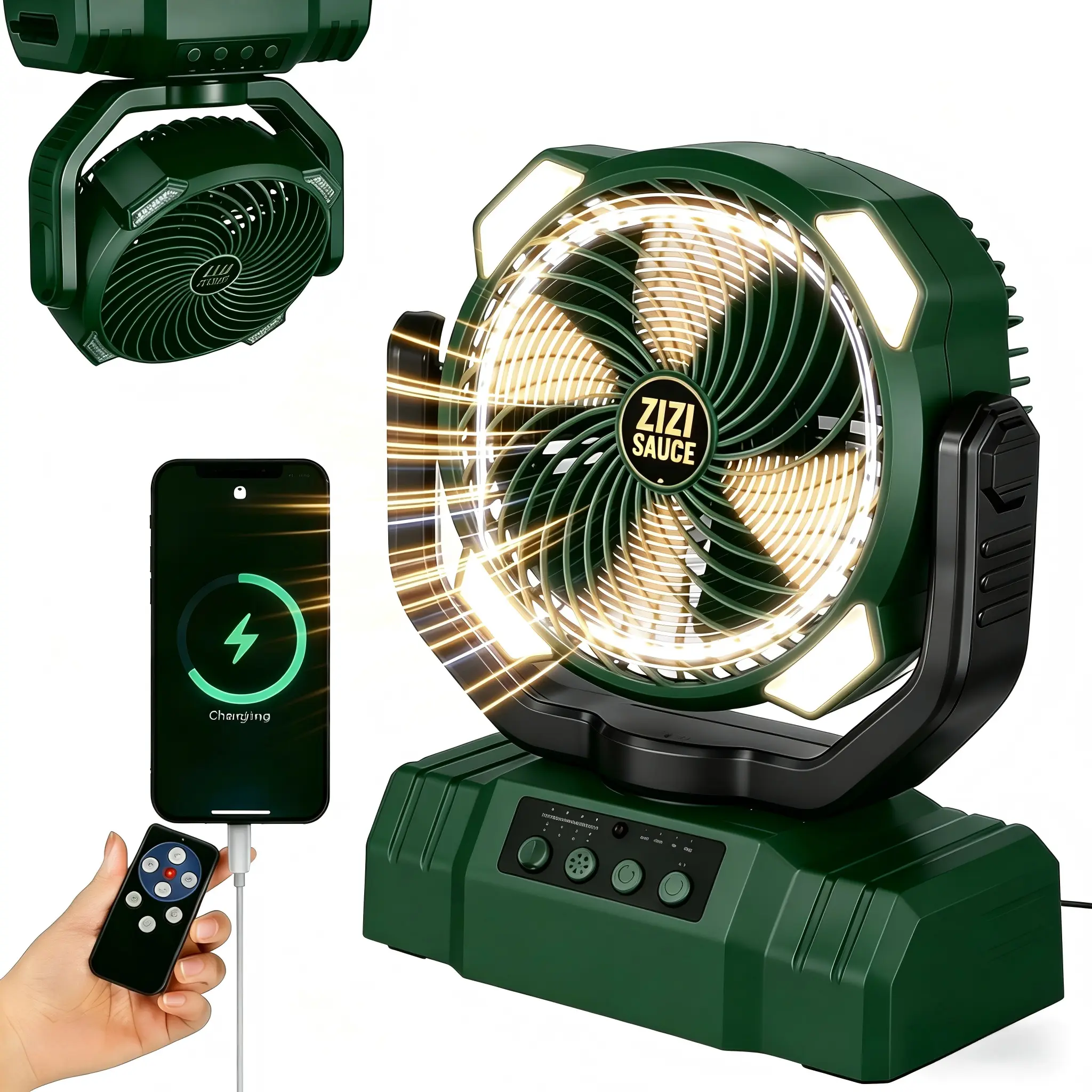 ZIZI SAUCE 3-in-1 Mini Portable Cooling Fan - 10000mAh Battery-Powered Power Bank, LED Light, Remote Control, IPX Waterproof Camping Accessory, Cool Tech Gadget, Father’s Day Gift, Pedestal Portable Fan for Outdoor Tent Use, Cool Tech Gadgets