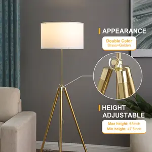 Tripod Floor Lamp,Adjustable Height Modern Standing Lamp for Living Rooms & Offices, Brass Body Tall Lamp with Contemporary Linen Shade