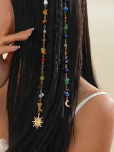 Boho Natural Stone Hair Chain Set Strand, Multicolor Crystal Beads, Handmade, Beach Vacation, Forest Style, Gift for Friends