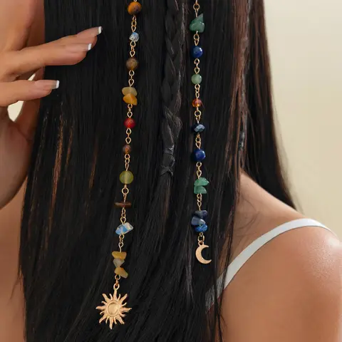 Boho Natural Stone Hair Chain Set, Multicolor Crystal Beads, Handmade, Beach Vacation & Forest Style, Gift for Friends, Hair Accessory