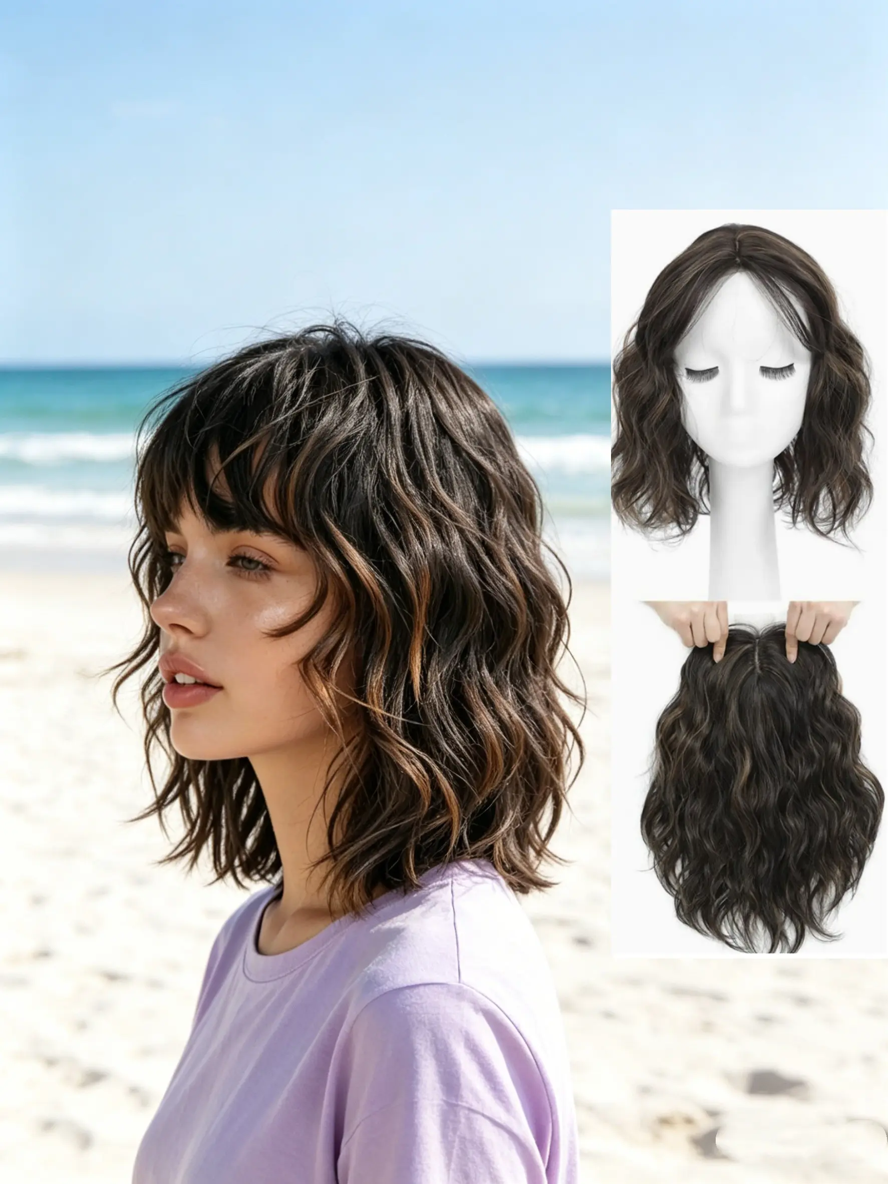 Thinning Hair Savior! Brown Wavy Bob Topper with Bangs - Light & Comfy, Blends Seamlessly, Hides Hairline & Boosts Volume Effortlessly, Daily Wear Wig, Synthetic Fiber Wig, Synthetic Wavy Wig 🙌