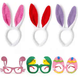6PCS Easter Bunny Ear Headbands and Funny Glasses Set Cute Photo Props for Easter Celebration