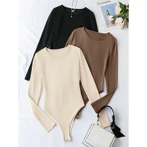 Solid Color Round Neck Bodysuit 3-Pack, Casual Long Sleeve Bodysuit, Women's Wear Fabric Polyester Tops Womenswear Collar Knitting Printed Comfort Crewneck Black + White + Gray Skinny Slim