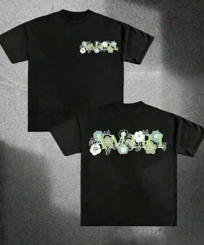Green Floral Filled Amiris Lettering Vintage T-Shirt Double Sided Printed Cotton T-Shirt, Summer Clothes, Men's Tops, Casual And Comfortab