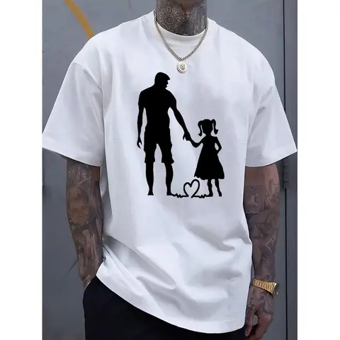 100% Cotton Dad And Daughter Pattern Printed Men'S Cotton Round Neck Short-Sleeved Sports T-Shirt, Fashionable Street Style T-Shirt, Casual, Comfortable And Breathable Golf Gift T-Shirt For Men And Women