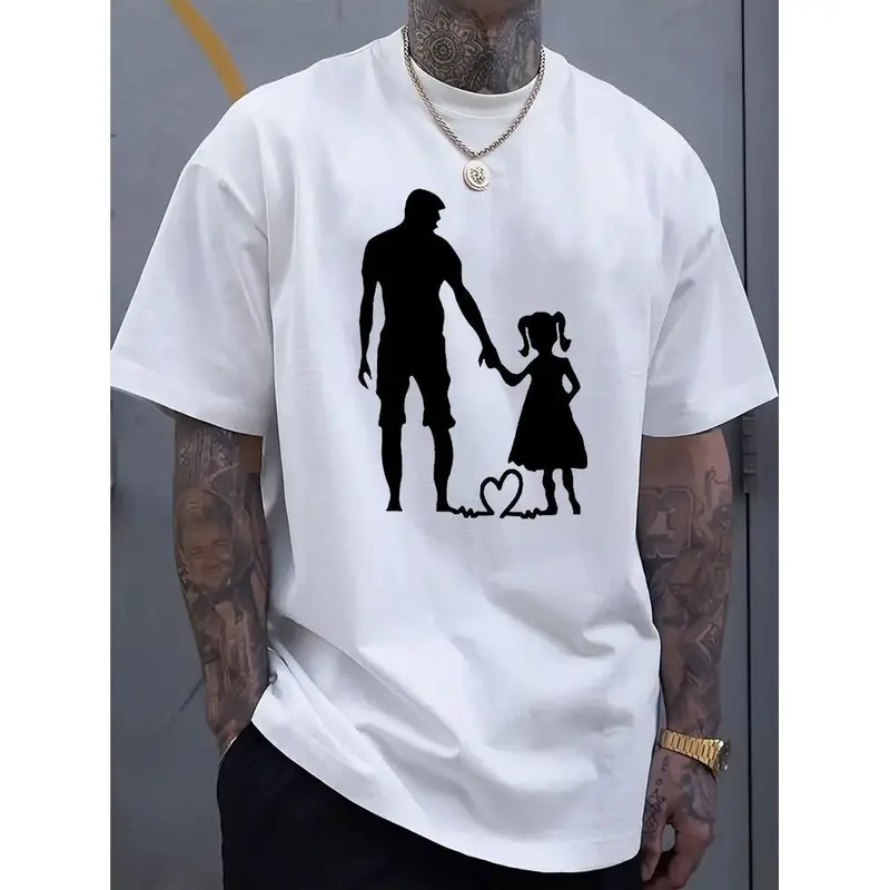 100% Cotton Dad And Daughter Pattern Printed Men'S Cotton Round Neck Short-Sleeved Sports T-Shirt, Fashionable Street Style T-Shirt, Casual, Comfortable And Breathable Golf Gift T-Shirt For Men And Women