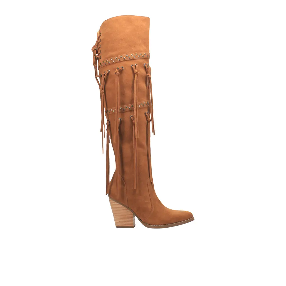 Dingo Womens Witchy Woman Fringe Studded Pointed Toe Pull On  Casual Boots Over the Knee High Heel 3" & Up - Brown