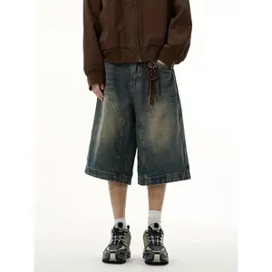 Wide Leg Cropped Denim Pants For Men Baggy High Waisted Jorts Light Wash Jeans Women Vintage Goth Lounge Long Jean Shorts Womens Emo Summer Boyfriend Clothes Mens Cool Punk Shorts