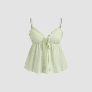 Cider Women's Broderie Anglaise V-Neck Shirred Lettuce Trim Cotton Cami Top SwimWeek