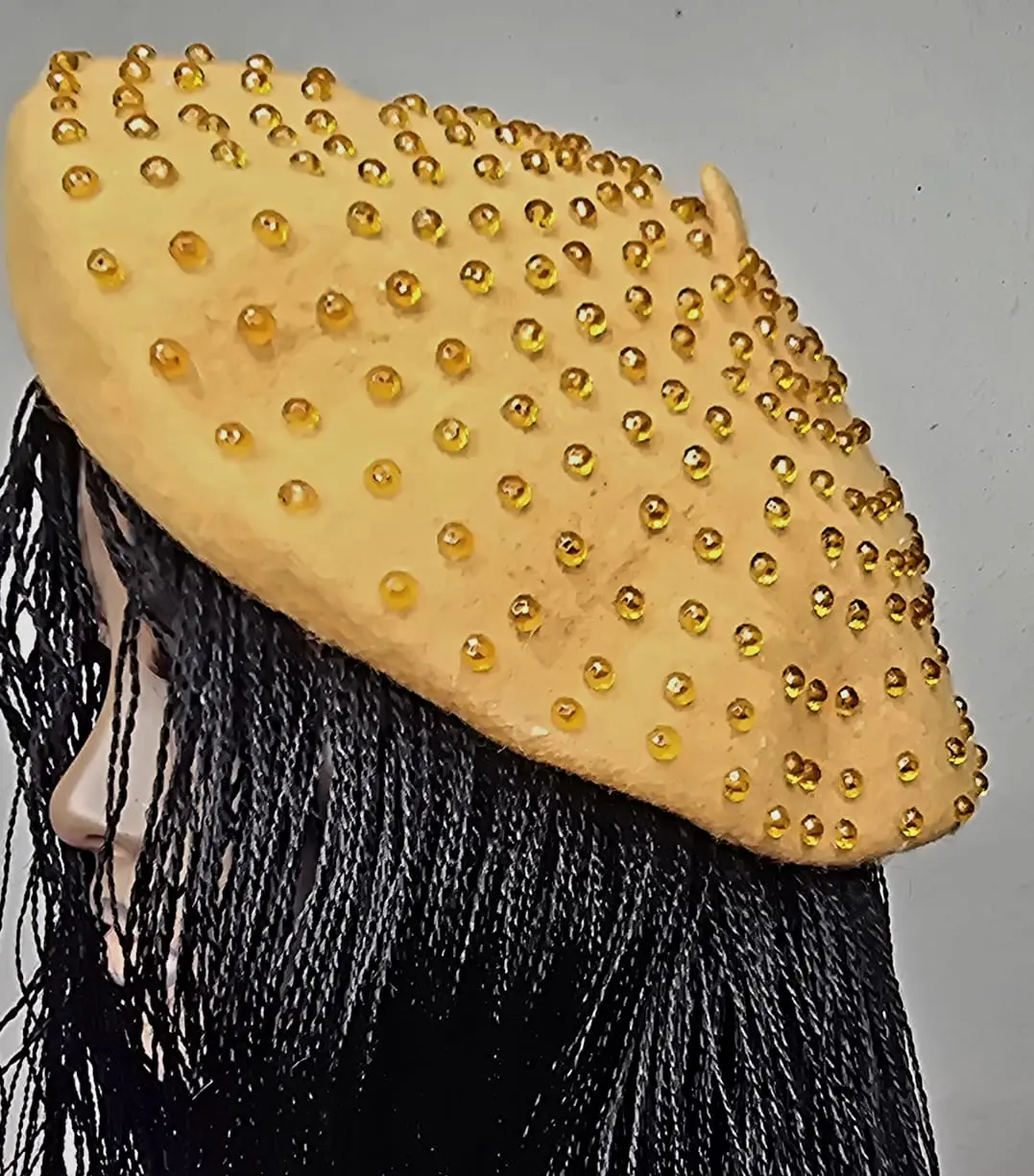 Women’s Golden Yellow Rhinestone-Embellished Beret with Long Black Micro-Twist Braids