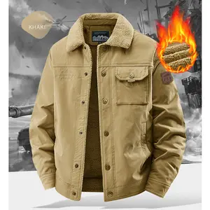 Men's Washed Jacket with Fleece Lining, Warmth, Fleece Collar, Flap Pocket, Inner Pocket, Diagonal Side Pocket, Non-Deformable Workwear Flight Outdoor Coat